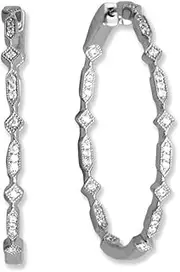 [JewelryWeb] 925 Sterling Silver Rhodium Plated in Out CZ Diamond and Elongated Hexagon Hoop Earrings Hoops Have a Pattern-Hoop Earring for Women