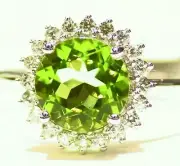 2.48CT 14K Gold Natural Peridot White Diamond Vintage Halo Engagement Ring Deco