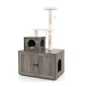 Costway 3in1 Cat Tree Kitten Litter Cabinet Sisal Post Kitty Activity Center Grey