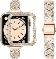 [wutwuk] Compatible with Apple Watch Band 41mm 40mm 45mm 44mm Rose Gold Ladies for Apple Watch Series SE 9 8 7 6 5 4 with PC Case with Rhinestones Diamond Frame Protective Cover Glitter
