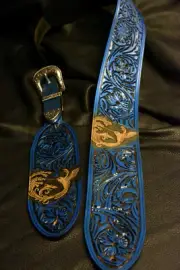 guitar strap leather 3.5" floral riffs" pearl blue hummingbird 2 pc buckle
