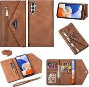 [Furiet] Wallet Case for Samsung Galaxy A14/M14 5G Leather Flip Zipper Purse Handbag with Card Holder Shoulder Strap Wrist Strap Phone Cover for A 14 4G 14A 14M G5 Women Brown
