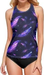 [AIXIWAWA] Women's Tankini Tops-Purple Feather, Swimsuit Top for Beach Pool Vacation S