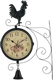 Outdoor Wall Clock Garden Decorative Double Sided Bracket Clock Retro Hanging Clock Iron Art Craft with Rooster Bell Garden Clock