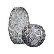 SOGA Grey Diamond-Cut Glass Vase Set – Gold Accent