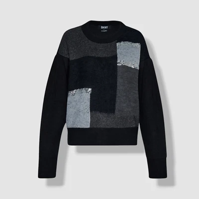 DKNY Women's Black Sequin Colorblocked Embellished Pullover Sweater Size XL