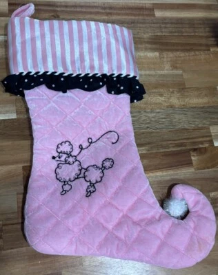 Pink Velour Satin quilted christmas stocking embroidered poodle pointy toe 15”