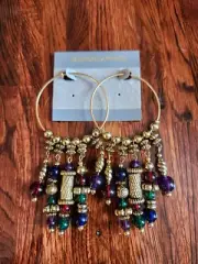 Genuine Lucite Earrrings Colorful Beaded Goldtone Hoops Pierced Earrings NWT