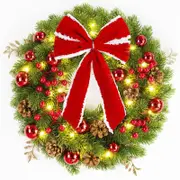 LED Christmas Wreath with Large Red Bow and Colored Balls