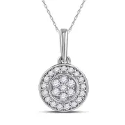 14k White Gold Round Diamond Circle Frame Flower Cluster Pendant 1/6 Cttw