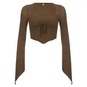 Long Sleeve Square-Neck Ruched Tie-Front Crop Top Brown - L