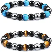 [SOOWOOT] 2-4Pcs Triple Protection Bracelet - Tiger Eye & Obsidian & Hematite Triple Bracelet Bring Protect Good Luck and Prosperity for Men Women