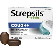 Strepsils Herbal Cough Blocked Nose Sore Throat Lozenges Fresh Menthol 16 Pack