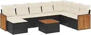 vidaXL Modular 9-Piece Garden Sofa Set - Black Poly Rattan with Cream Cushions - Outdoor Patio Lounge Furniture with Acacia Wood and Tempered Glass Table