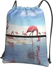EdWal Flock Of Pink Flamingos On The Beach Print Drawstring Backpack Gym Bags Sports Bags With Zipper Pocket For Travel Beach, Black, One Size