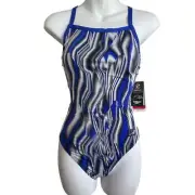 NWT Speedo Racing Cut One Piece Flyback Endurance+ Size 6/32 Blue White Gray