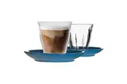 Duralex 12 Piece Picardie Glass Coffee Cup and Ceramic Saucer Set - Modern Style Tumbler Mug for Latte Cappuccino - Blue - 200ml