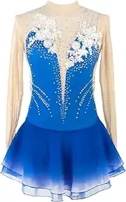 [Zagitova] Ice Figure Skating Dress for Girls, Long Sleeves Mesh Breathable Stage Dance Costume, Backless Skating Outfit