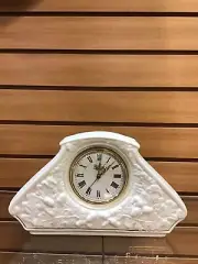 BELLEEK WHITE CHINA MANTEL CLOCK W/ GOLD ACCENTS AND LEAF/ACORN DESIGN