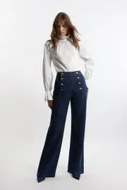 Petite Denim Tailored Button Front Straight Leg Jeans