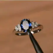 "Best Buy" Oval Blue Moissanite Studded Sapphire Solitaire Silver Ring For Women
