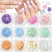 Whaline 12 Boxes 3D Flower Nail Art Charms with Pearls Gold and Silver Caviar Beads Light Change Acrylic Colorful Blossom Petal Nail Rhinestone for Craft DIY Jewelry Nail Design Art Accessories