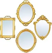 Beeveer 4 Pcs Vintage Gold Mirror Set Including Oval Antique Decorative Gold Shield Shape Square Decorative Mirror Jewelry Dresser Organizer Tray