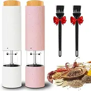 Electric Salt and Pepper Grinder Set of 2, Automatic Operation Salt Pepper Mill Sets with Adjustable Coarseness, Battery Powered, LED light, One Hand Operation-Pink and White