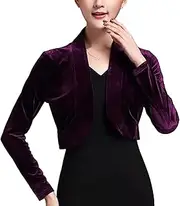 [SeekMe] Women's Long Sleeve Velvet Shrug for Dress Open Front Cropped Bolero Cardigan