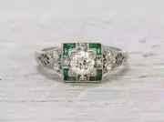 2Ct Art Deco Vintage Style Lab Created Diamond & Emerald 14K White Gold FN Ring