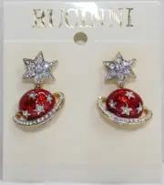 VINTAGE RUCINNI RED OUTER SPACE SATURN MOON STARS PIERCED EARRINGS CRYSTALS NEW!