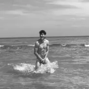 [B460] Handsome Male Cute Model Showing Off Body And Muscles On Beach Water