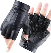 Fingerless Leather Men's Half Finger Gloves Men's Leather Non-Slip Motorcycle Driving Gloves - Black