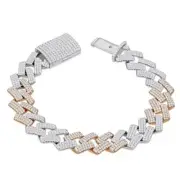 Mens 925 Sterling Silver Two-Tone Rose Silver CZ Cuban Link Bracelet 14mm