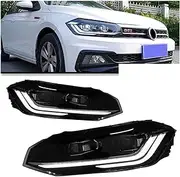 Pair Headlight Assembly Compatible For Polo Virtus Headlights 2019-2022Polo Latest Styling LED Daytime Lights Dual Projector Car Accesorios Modified(2011-2018 Red,LHD)