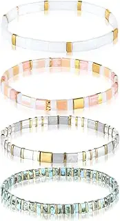 Jadive 4 Pcs Tila Flat Beaded Stretch Bracelets for Women Bohemian Friendship Bracelet Bead Bracelets Glass Bracelet Cute Boho Style Square Beaded Bracelets for Jewelry Friend Gifts