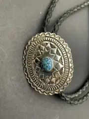 Navajo Kevin Ramone Sterling Concho Bolo Tie with High Grade Kingman Turquoise