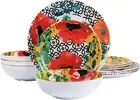 Elama Grace 12 Piece Melamine Dinnerware Set, Multi- Red/Yellow/Green/Blue