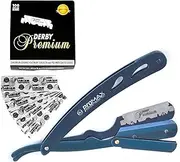Promax Care Professional Barber Straight Edge Razor Safety with 100-Pack Derby Blades - 100 Percent Stainless Steel (BLUE)