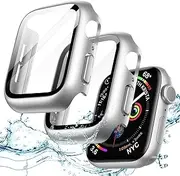 [JETech] Waterproof Case with Screen Protector for Apple Watch SE (2022/2020) / Series 6 5 4 40mm, Built-in Tempered Glass Film Hard PC Bumper Full Protective Cover, 2 Pack (Silver)