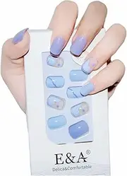 Press nail，Nail set, reusable, short nails, "blue-purple with pattern", includes prep pad, mini nail file, cuticle stick and 30 fake nails