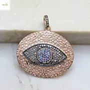 Pave Diamond Evil Eye Pendant Sapphire 925 Sterling Silver Hammered Necklace