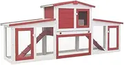 Rabbit Hutch Indoor Bunny Cage Outdoor Wooden Rabbit House w/Ramps, Run, Nesting Box, Wire Fence, Bunny Hutch Rabbit Cage for Small to Medium Animals, Red and White 204x45x85 cm Wood