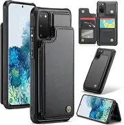 [ELEPIK] for Galaxy S20 Case with Card Holder, Kickstand [4 Card/Cash Holder] [for Women & Men] [Durable PU Leather] Magnetic Wallet Phone Cover for Samsung Galaxy S20, Fashion Black