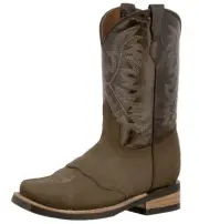 Kids Unisex Genuine Leather Cowboy Boots Overlay Brown Square Toe Size 13