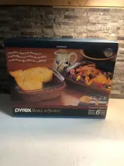 pyrex bake and serve 6 pieces corning 2 baking dishes 2 rosewood ratton baskets