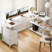 ApexSpace L-Shaped Computer Desk with Drawers, White 150 x 80cm