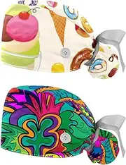 [WOSHJIUK] Working Hat 2 Pack Scrub Caps for Women,Donut Ice Cream Strawberry Chocolate,Tie Back Cap Adjustable Scrub Hat