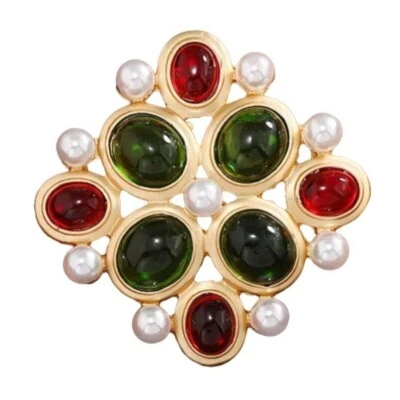 Brooch Green & Red Jelly Cabochon & Simulated Pearls Gold Tone