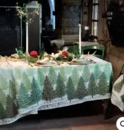 Christmas Trees Round Tablecloth 170 - 100% Linen - Made in Italy